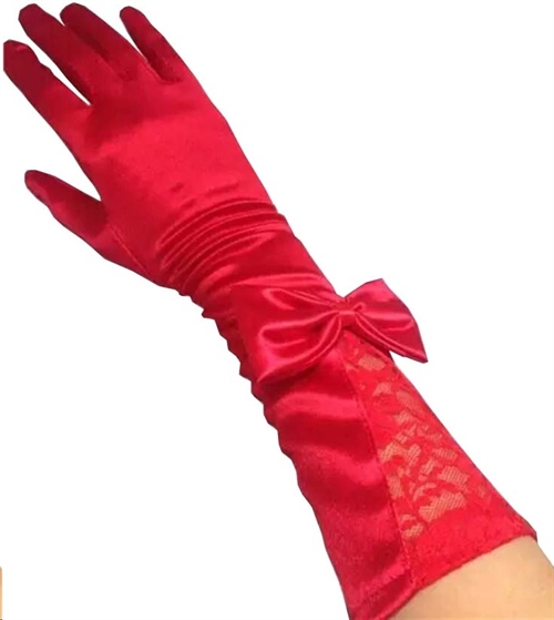 Lange satin handsker med blonde, røde